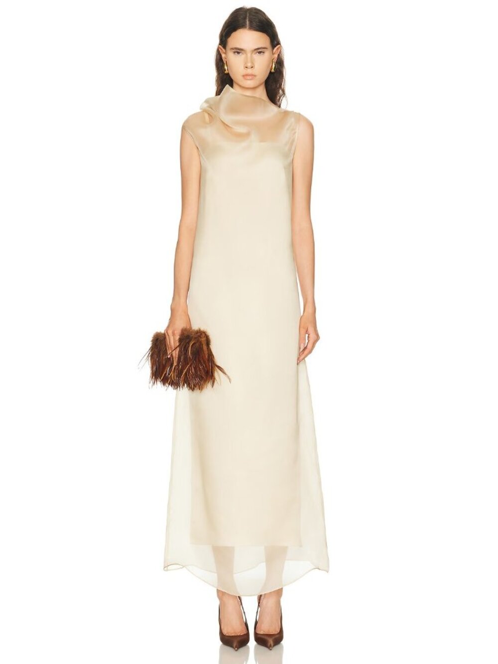 SEV High Neck Organza Column Dress in Sand